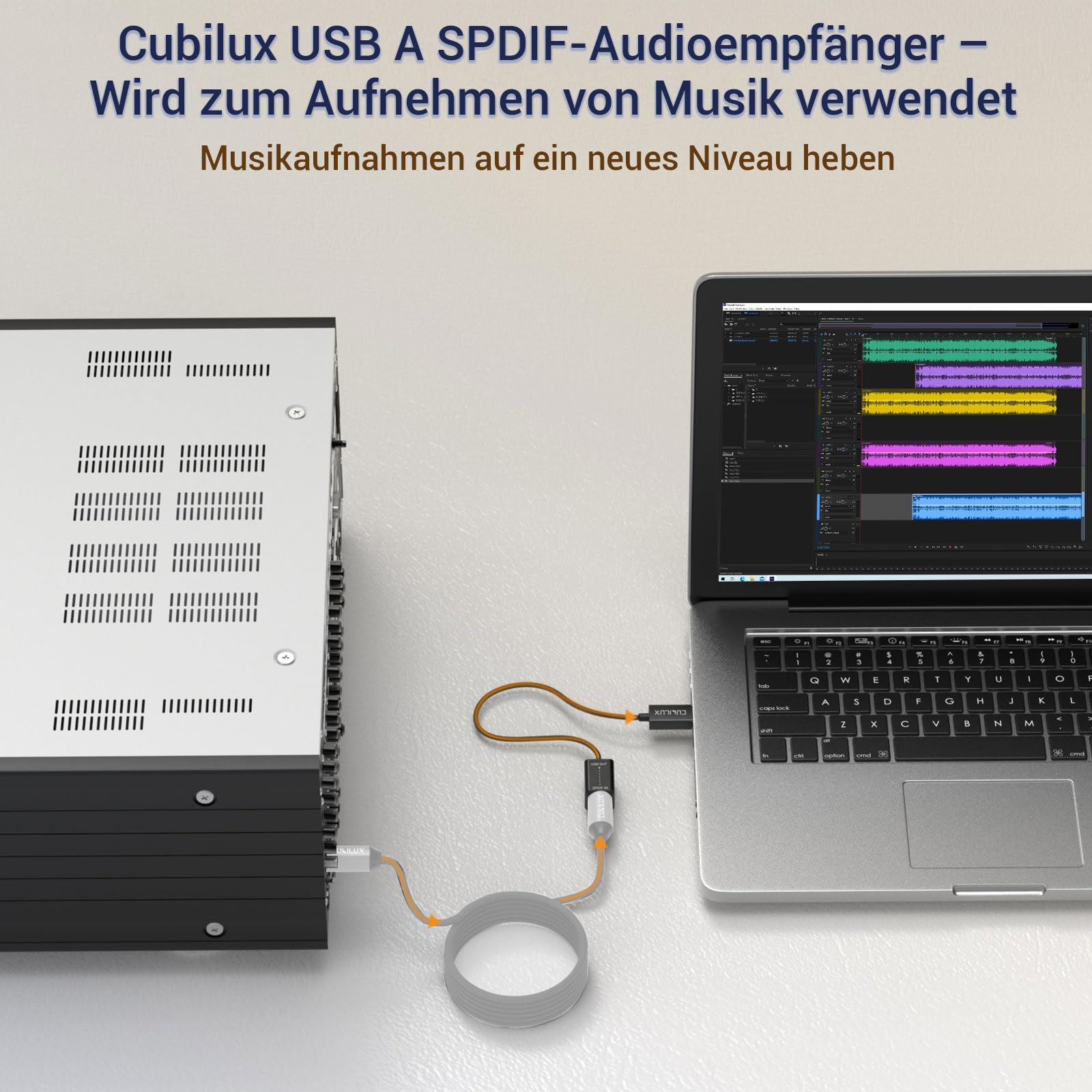 Cubilux USB A SPDIF Eingang Adapter für PC, Toslink auf USB Receiver, Optical Line In Dongle, Stereo Aufnahme, Nicht zur Wiedergabe