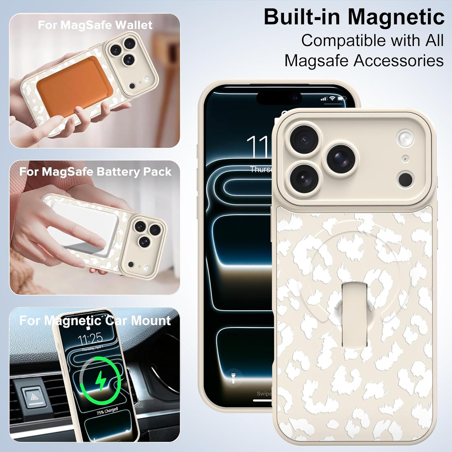 for iPhone 17 Pro Max Case with Finger Hand Strap Kickstand [Compatible with Magsafe] Cheetah Print Leopard Pattern Phone Case for Women Men, Full Camera Protection Shockproof Cover, White