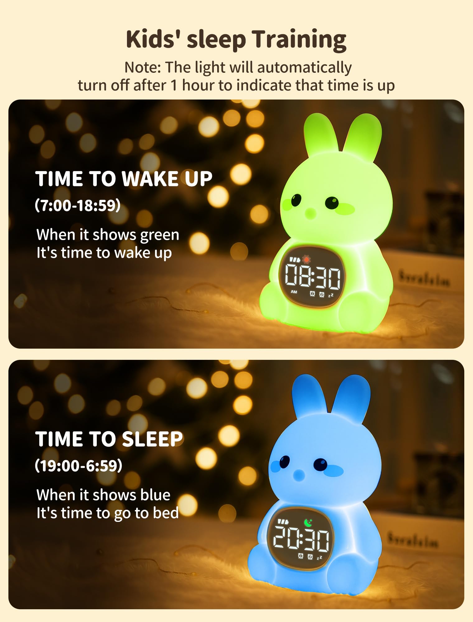 MASHI Reloj despertador de conejo, reloj de entrenamiento para dormir con sol y luna, máquina de sonido para dormir, luces nocturnas, reloj despertador para niños, ideas para niños