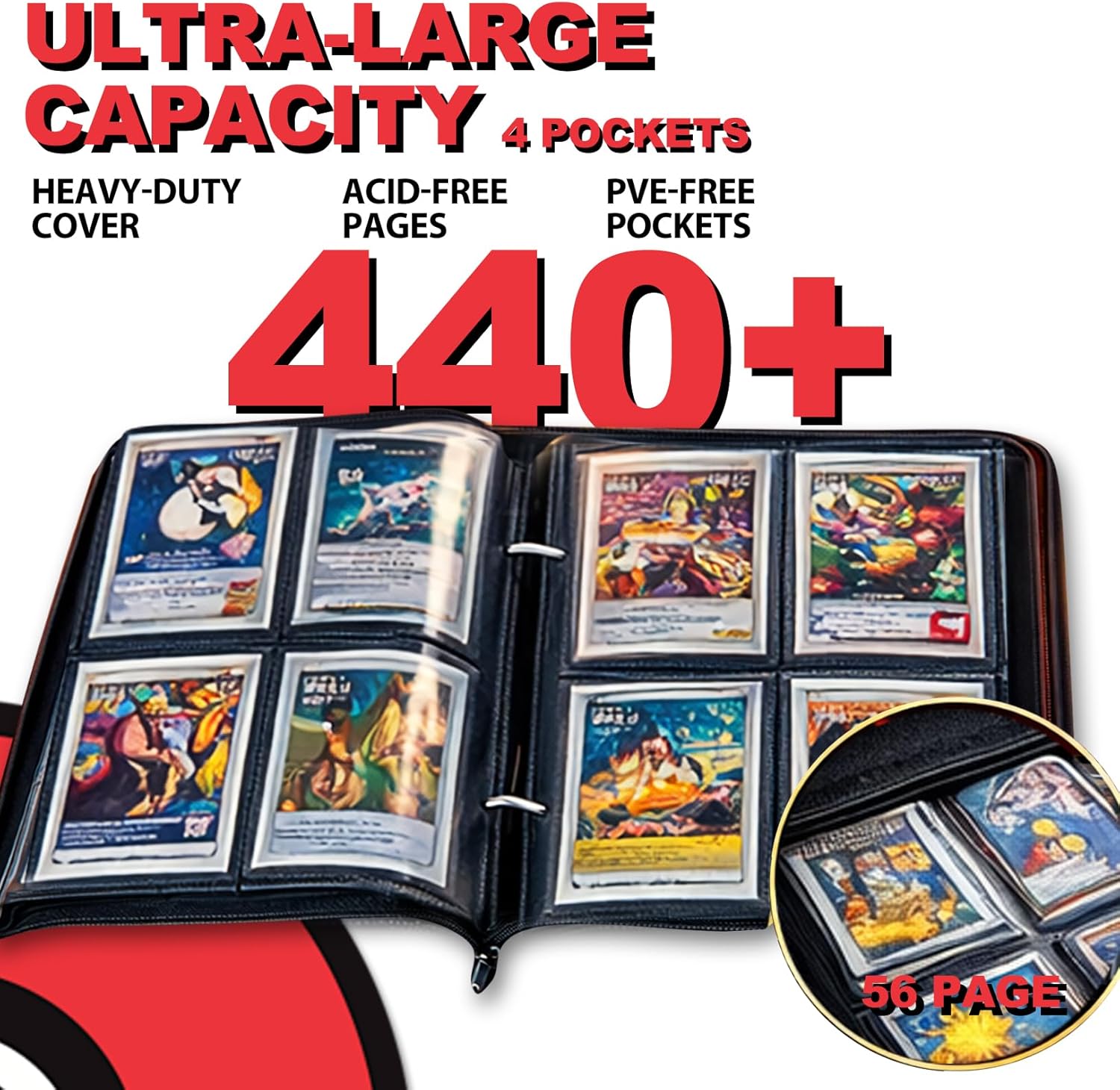 440 Card Binder 4 Pocke 3-Ring Trading Card Binder with 55 Page Removable Sleeves, High Storage Trading Card Holder Collection Card Album Carrying Organizer Case for TCG Cards-red