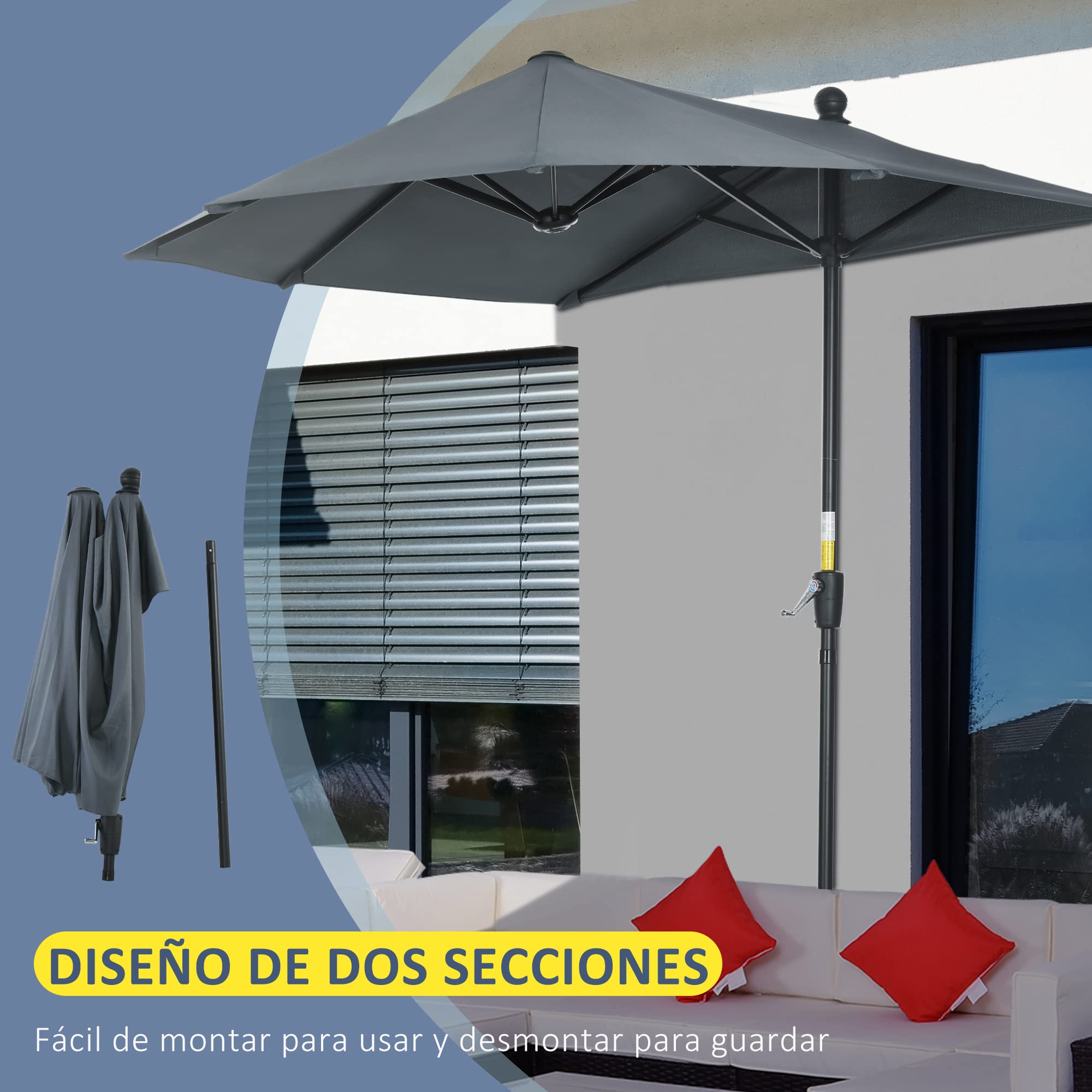 Outsunny Sombrilla de Pared Jardín con Manivela 200x190x240 cm | Parasol de Terraza, Poste de Acero, Base Cruzada, Anti-UV, para Terraza Balcón