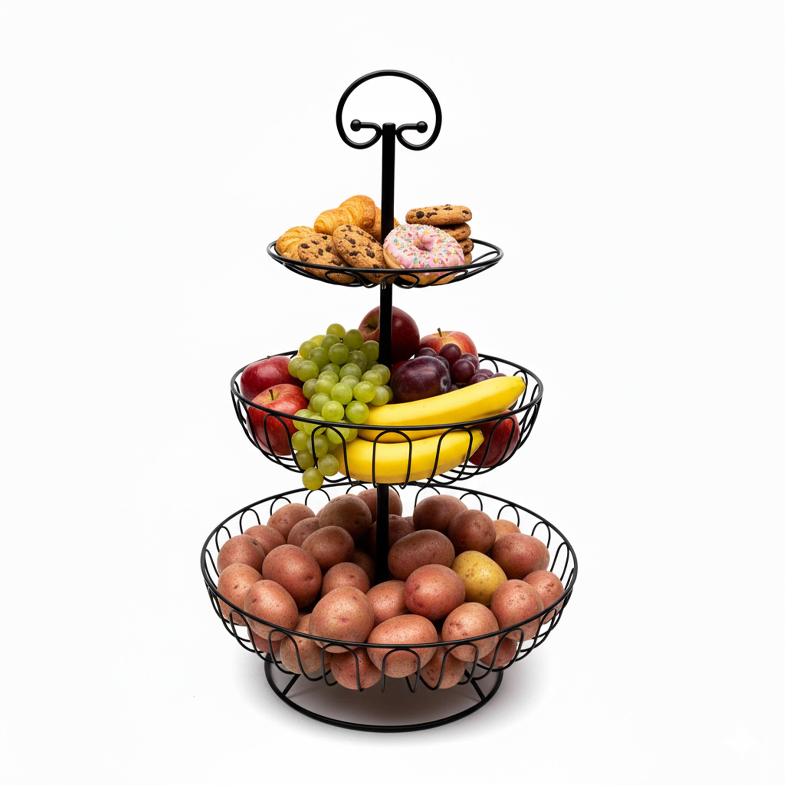 Relaxdays Etagere per Frutta, 3 Piani, Metallo, HxD: 47 x 30 cm, Frutta, Verdura, con Anello, Cesto Rotondo, Nero