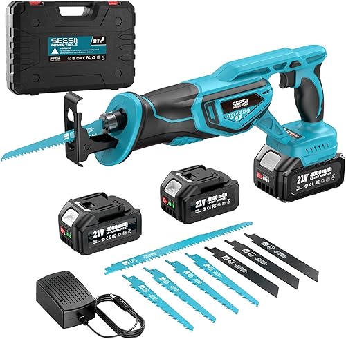 Miniatura 9 de SEESII Sierra de vaivén inalámbrica, motor sin escobillas de velocidad variable de 3500 RPM con 8 hojas de sierra, 2 baterías de 4.0Ah, luz LED
