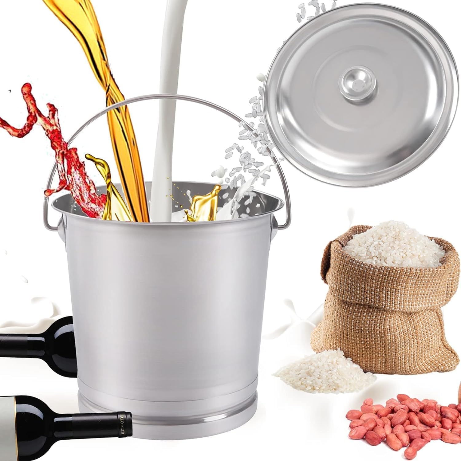 14L/14.8 Qt Large Stainless Steel Compost Bucket Milk Metal Pail with Lid & Handle, Compost Bin Kitchen Scrap Buckets Food Waste Slop Storage Container Buckets Garbage Pail, Open Lip Edge