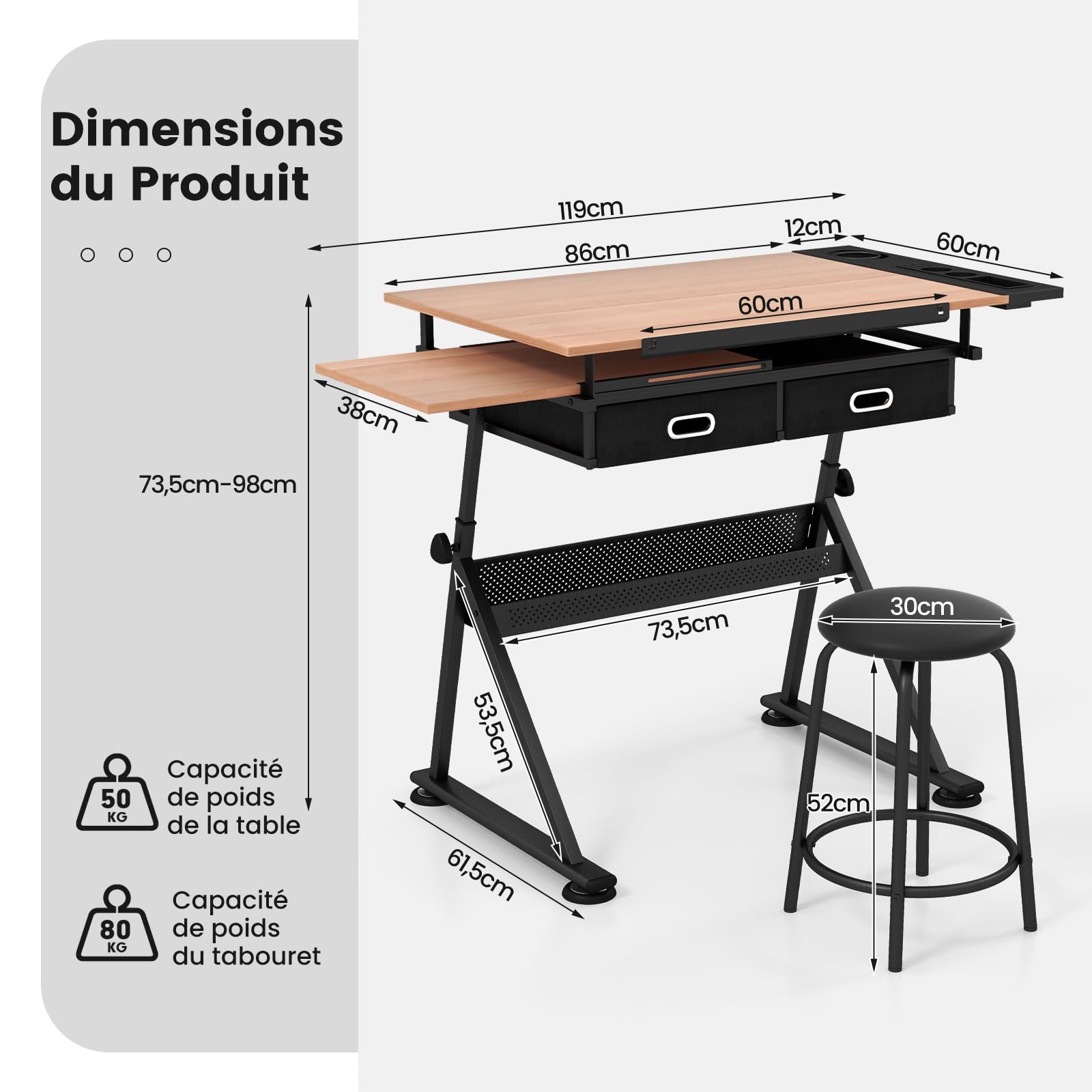 COSTWAY Table à Dessin Inclinable, Bureau à Dessin avec Tabouret, 2 Grands Tiroirs, Porte-Stylo, Hauteur Réglable, pour Peinture, 61,5 x 119 x (73,5-98) cm, Noir + Naturel