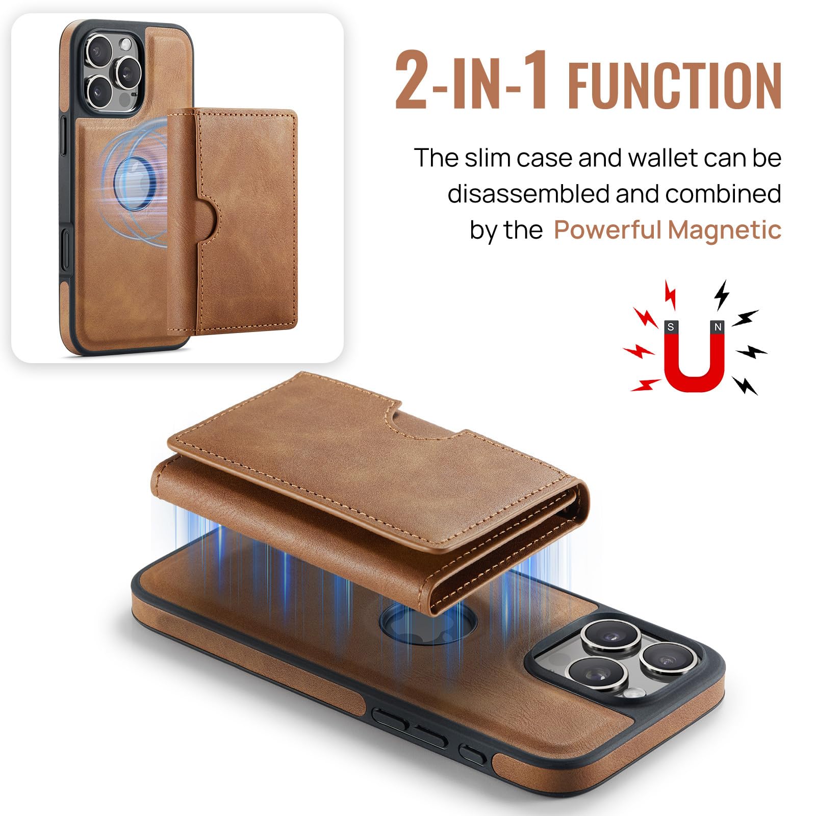 Asuwish Funda de teléfono para iPhone 16 Pro Max de 6.9 pulgadas, funda magnética desmontable con carga inalámbrica y bloqueo RFID, tarjetero para teléfono 16 16Pro i16 ProMax 16ProMax para mujeres y