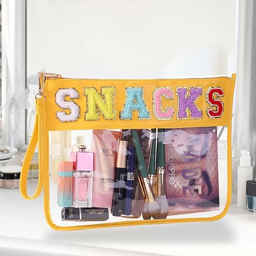 Miniatura 4 de HASIOY - Bolsa transparente con parches, bolsa para aperitivos, bolsa de felpilla con letras de chenilla, bolsa de cosméticos con correas doradas