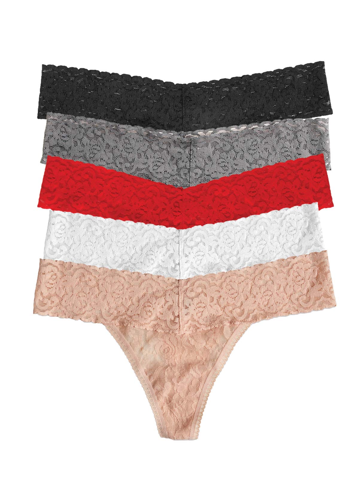 Felina| Signature Stretchy Lace Low Rise Thong 5-Pack | Panty (Date Night, M/L)