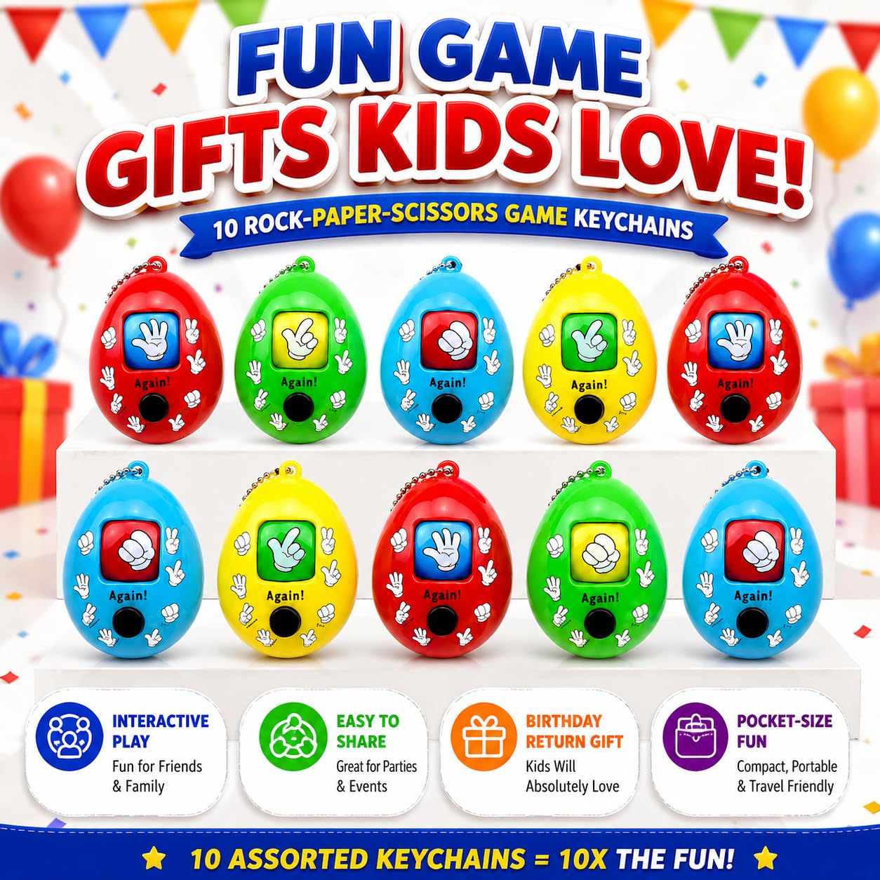 MONKEYTAIL Birthday Return Gift for Kids, 10 Pcs Rock Paper Scissors Game Keychains | Fun Handheld & Party Favors for Boys & Girls | Kids Birthday Party Gifts 1