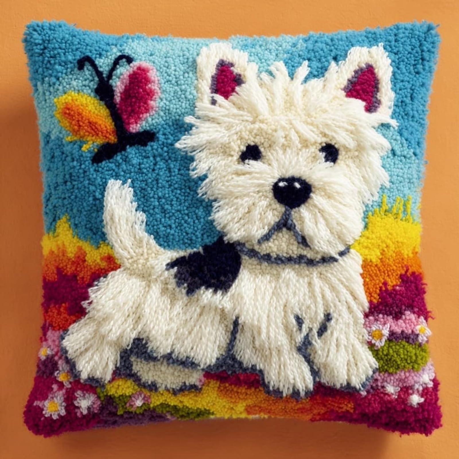 AxiangziK Latch Hook Pillow Making Set,Dog and Butterfly 43x43cm DIY Sofa Cushion Kit Suitable for Beginners and Experienced Crafters
