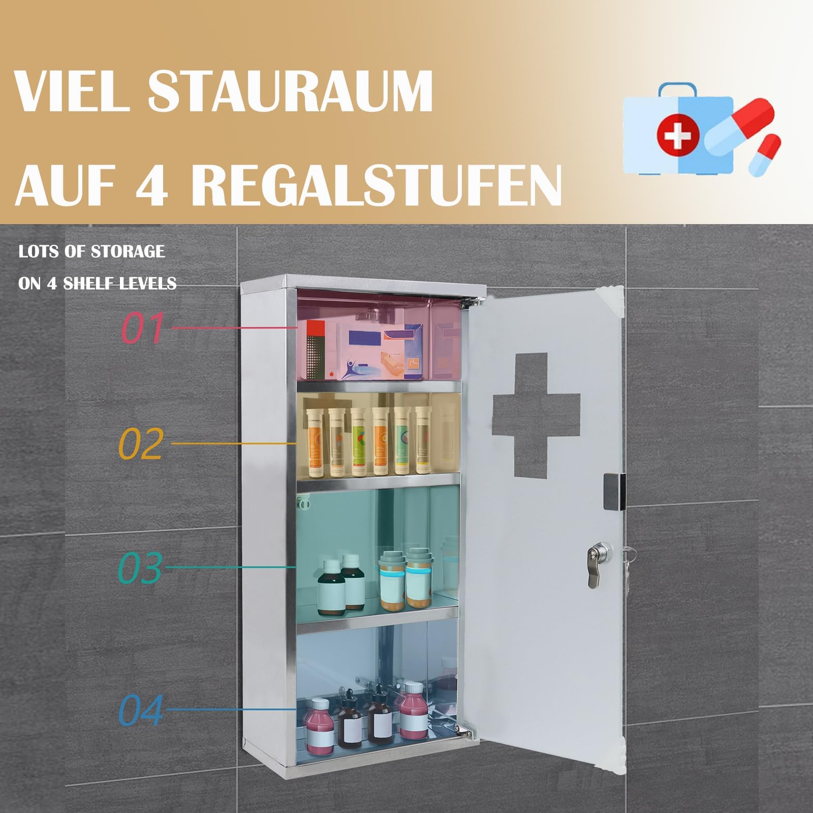 LZQ Armoire à pharmacie verrouillable en acier inoxydable à 4 compartiments avec porte en verre et 2 clés (L 30 x l 12 x H 57,5 cm)