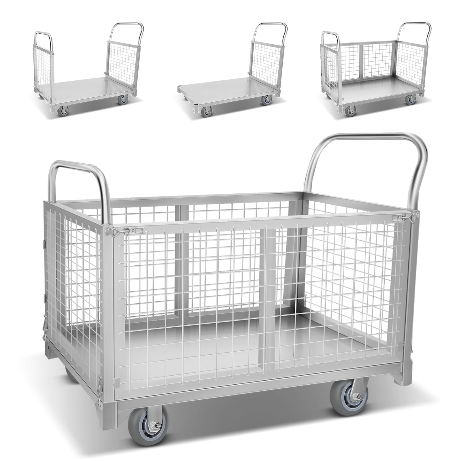 DEFNES 1800LBS Platform Truck Cart with Cage,4-in-1 Heavy Duty Push Cart Dolly with Swivel Casters for Grocery, Laundry,Stall(40