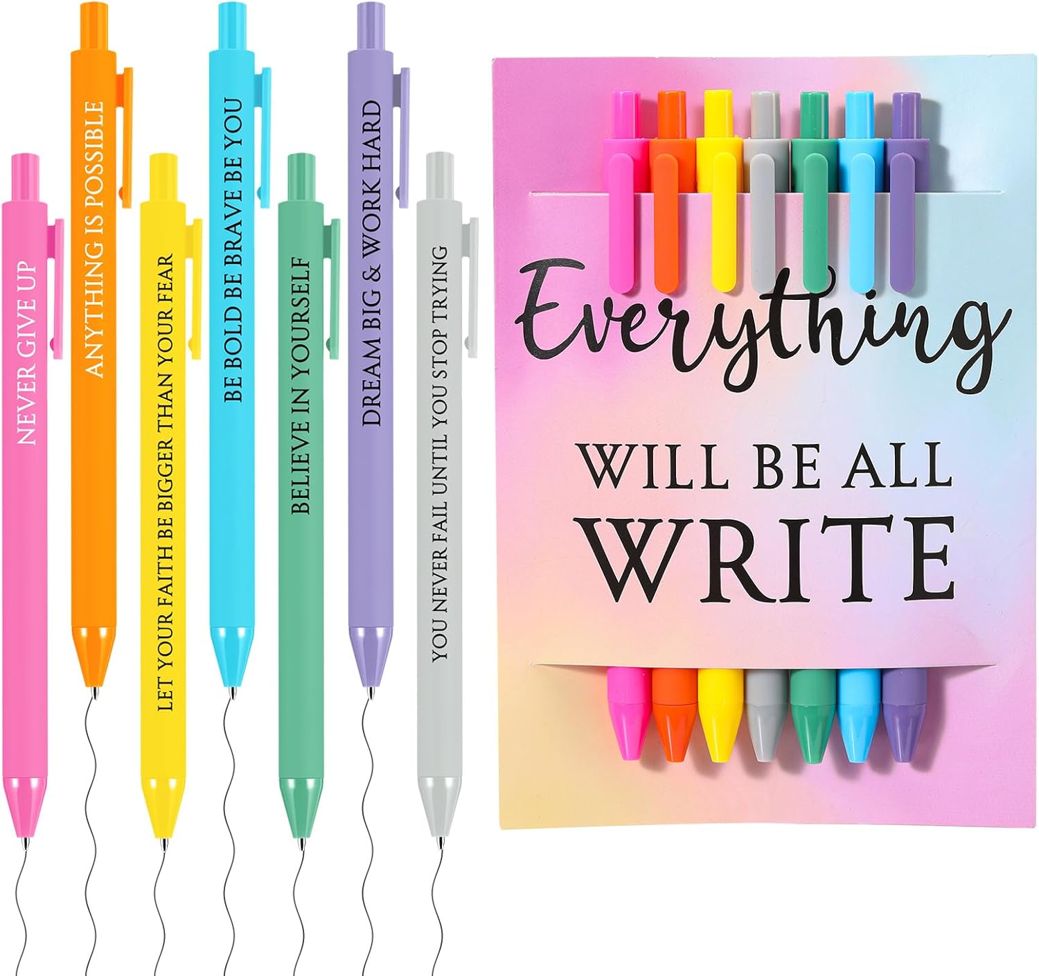 7 Pcs Inspirational Pens with Card 7 Days of The Week Daily Pens Positive Weekday Motivational Ballpoint 7 Colors for Holiday Women Men Teacher Employee Staff Coworker Office Gift