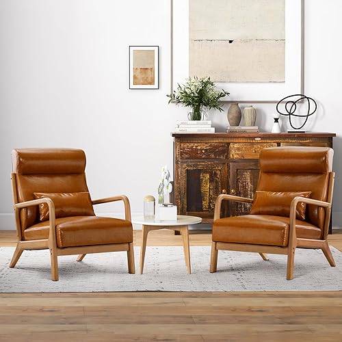 INZOY Mid Century Modern Accent Chair Set of 2, High Back Reading Armchair with Wood Frame, PU Leather Living Room Chairs with Waist Cushion, Single Lounge Arm Chair for Bedroom Sunroom, Camel