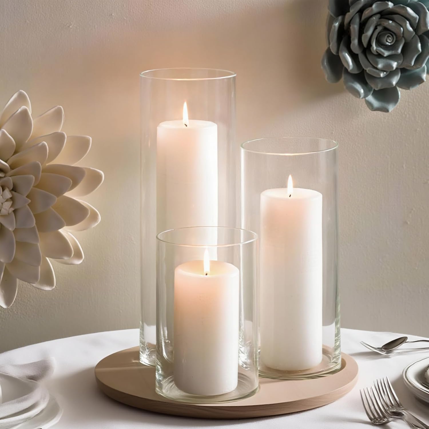 24 Pcs White Pillar Candles with Glass Candle Holder Hurricane Glass Candle Holders Clear Cylinder Vases for Centerpieces Wedding Office Party Home Table Decor - Image 6