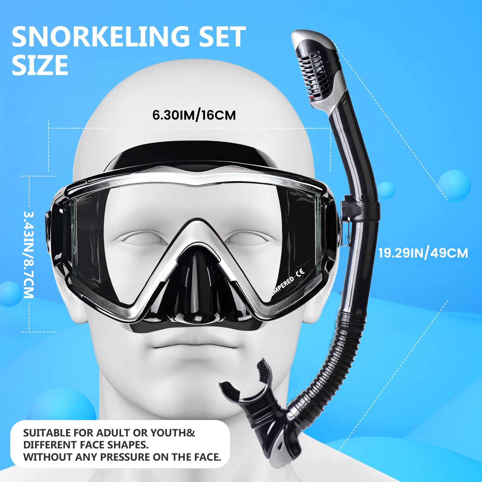 Adult Pano 3 Scuba Diving Mask, Tempered Glass Snorkel Mask Anti-Fog Swim Mask No Leakage Swim Goggles with Nose Cover Snorkeling Gear for Snorkeling, Freediving, Swimming