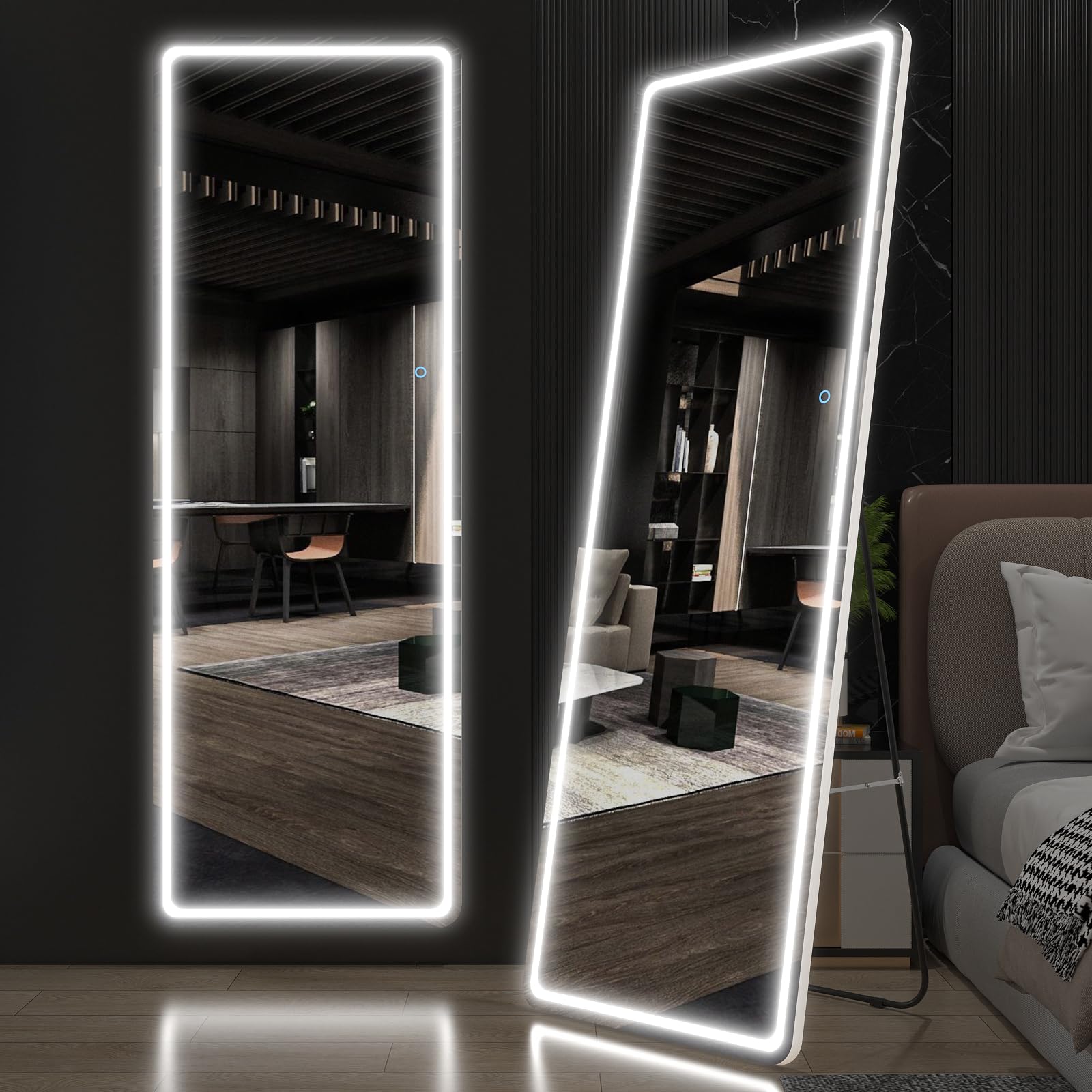 Full Length Floor Mirror with Lights 65"x22", Free Standing Mirror, Wall Mounted Hanging Mirror,Wall Mounted Hanging Mirror with Lights-Makeup Vanity Mirror& 3 Color Lighting(White)