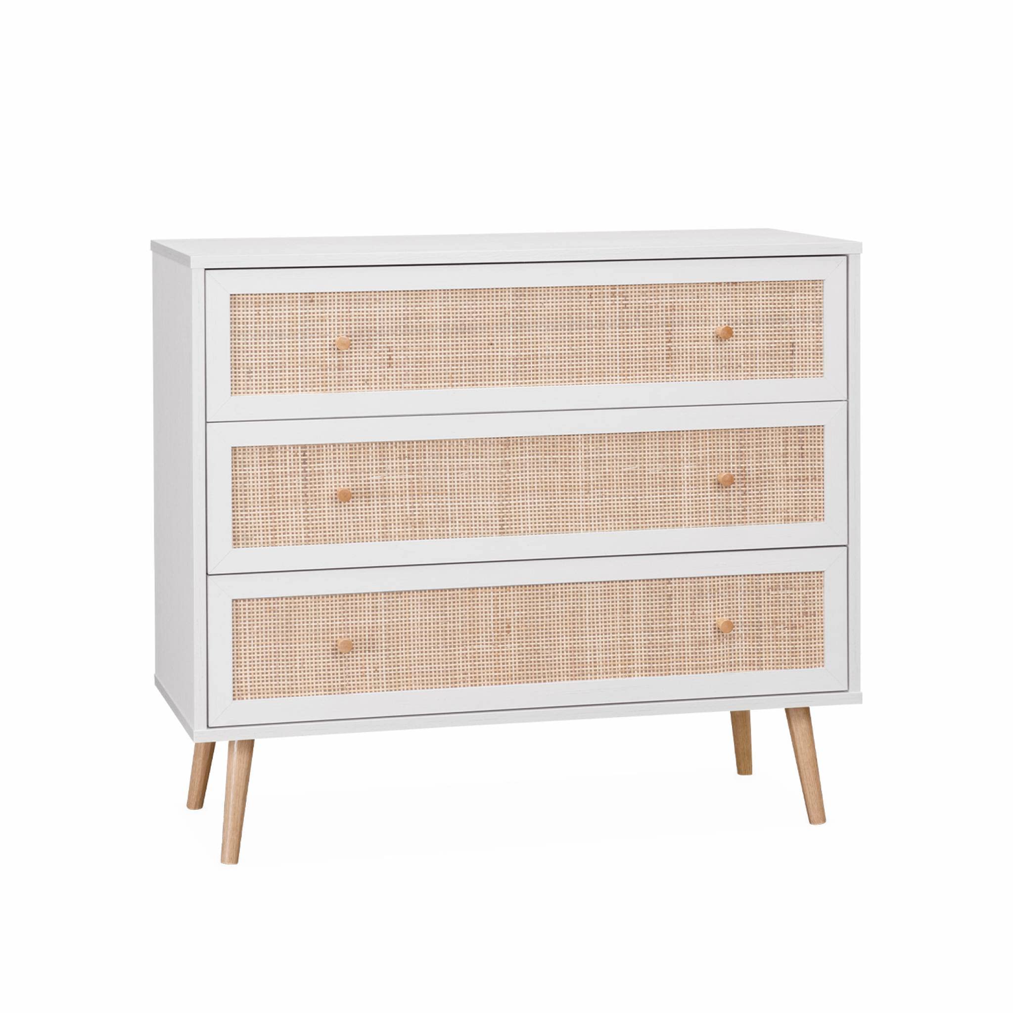 Alice's Home - Commode en décor Bois Blanc et cannage 90x39x79cm - Bohème - 3 tiroirs