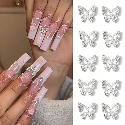 Miniatura 2 de 20 dijes de mariposa para uñas de aleación brillante 3D, diamantes de imitación de mariposa de cristal plateado para uñas acrílicas, diseño de