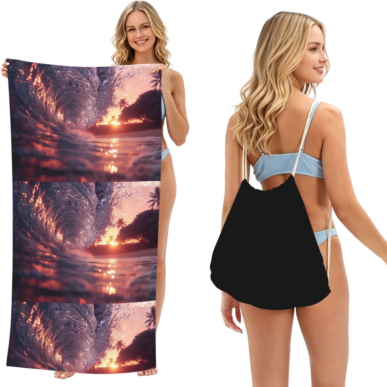 SKGOHLH The rolling waves 2in1 Packable Beach Towel Bag Women