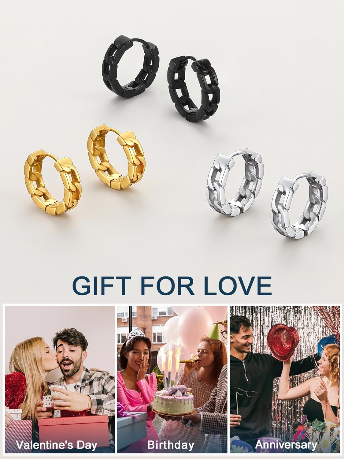 ChainsPro Hoop Earrings for Men, Cuban Link/Norse Viking/Skull Earrings Women Hypoallergenic Punk Earring Jewelry, Stainless Steel/Gold Plated/Black-with Gift Box - Image 7