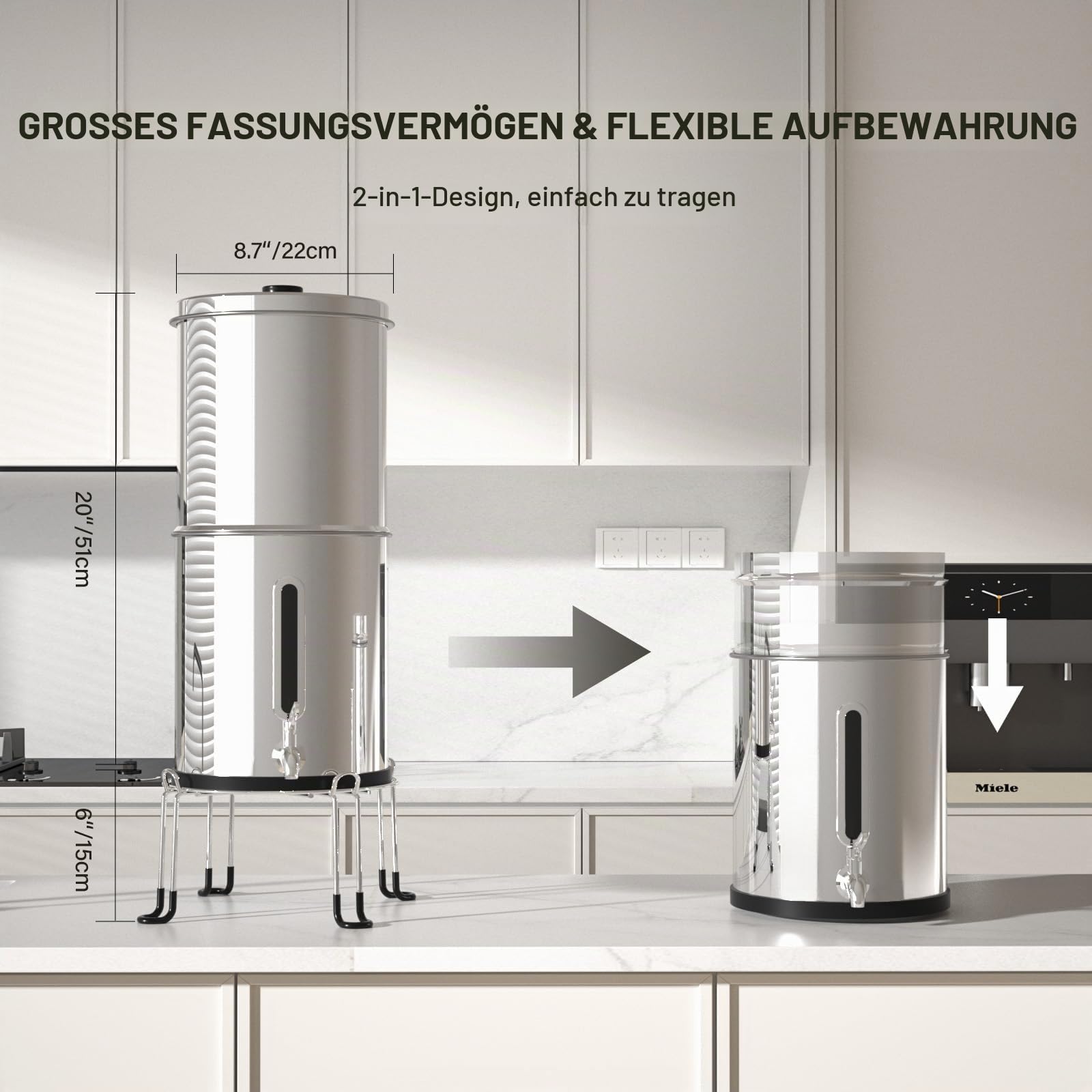 Schwerkraft Wasserfilter 8,5L aus 304 Edelstahl mit Sichtfenster – für Zuhause, Wohnmobil & Notfallvorsorge, BPA-frei, verbessert Geschmack & Geruch, ohne Strom, Sliver