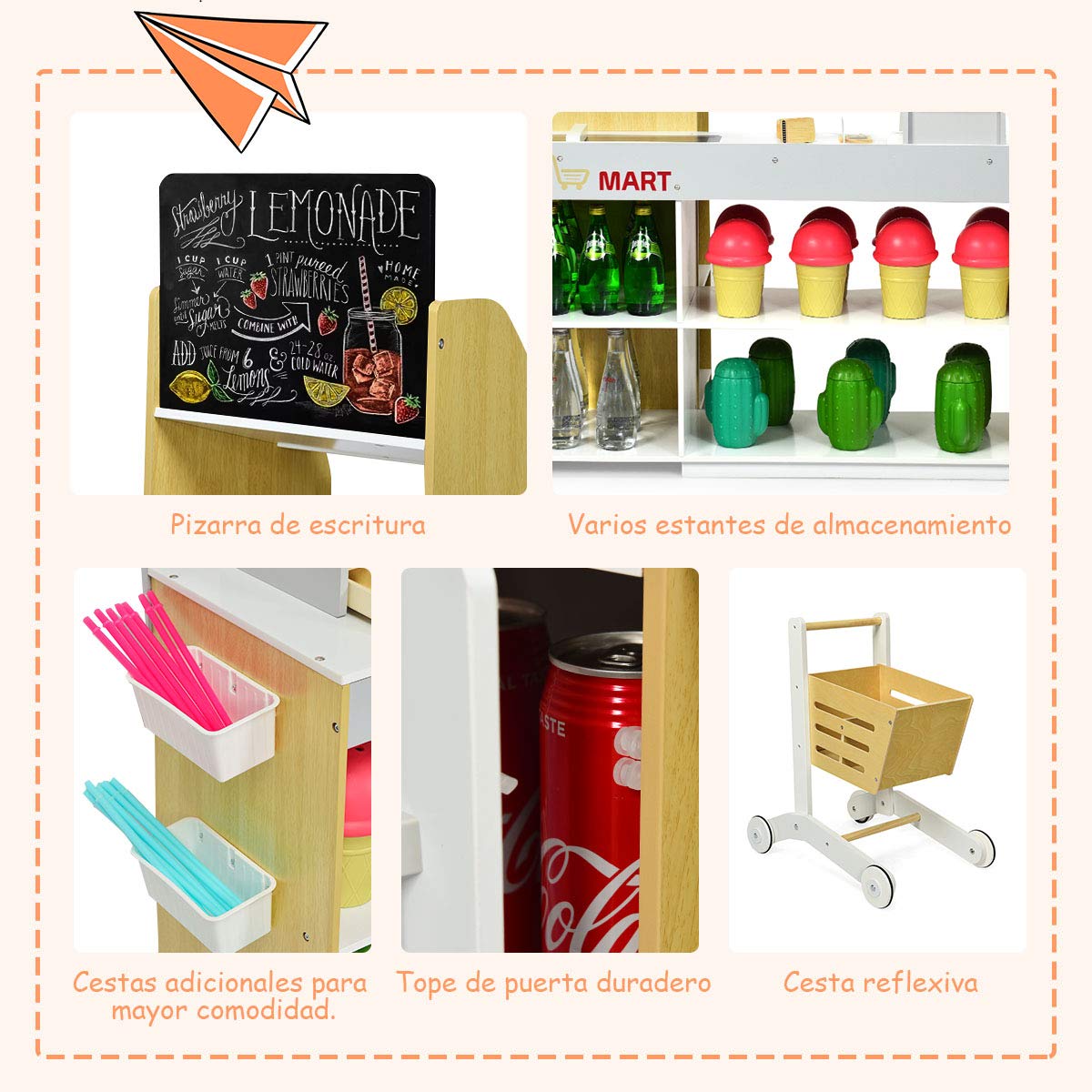 COSTWAY Juguete de Supermercado con Carrito de Compra Incluye Pizarra,Caja Registradora,Escáner,Lector de Tarjetas,Tarjeta de Crédito y Monedas Juguetes de rol para Niños