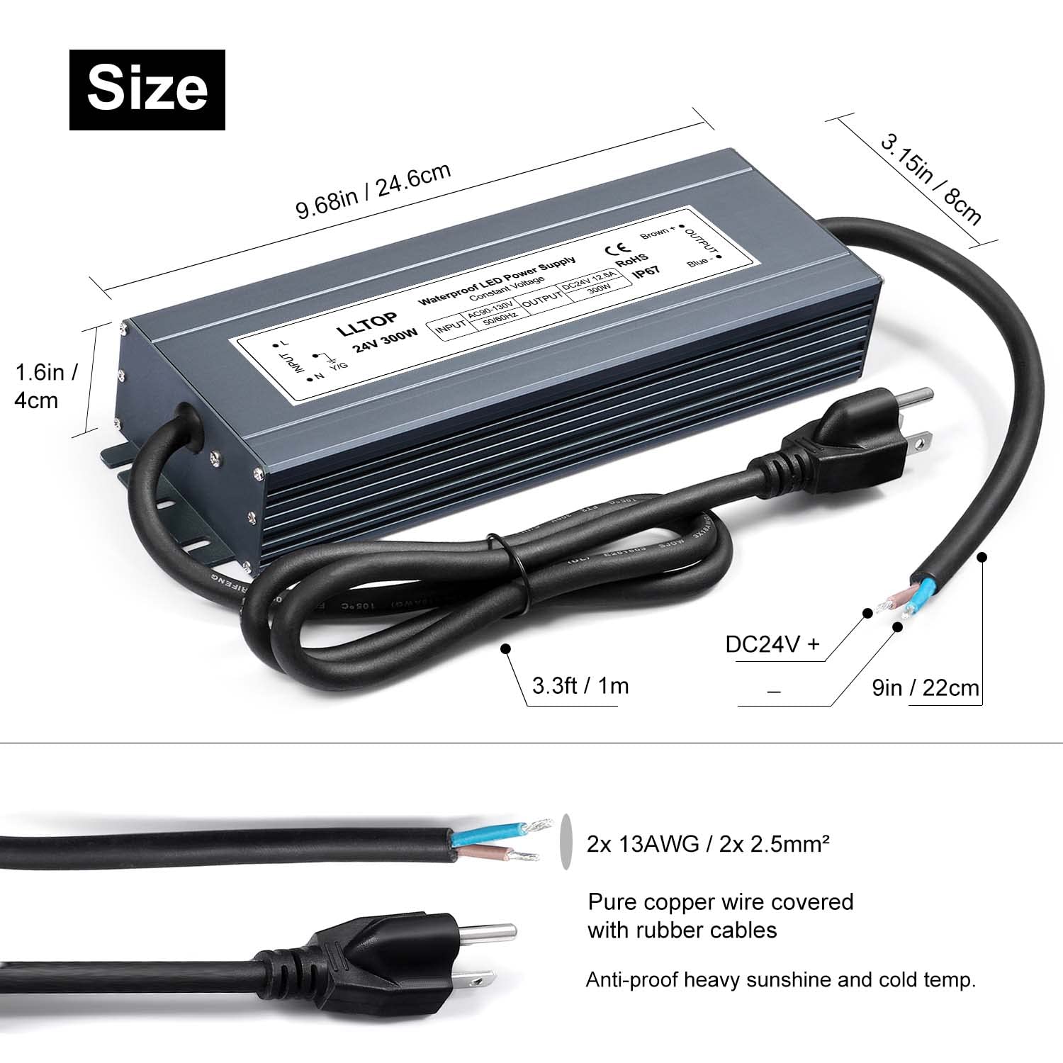 LLTOP Zasilacz LED, 24 V, 12,5 A, 300 W, sterownik LED, AC 90-130 V na 24 V DC, konwerter, transformator niskiego napięcia, wodoszczelny, do użytku wewnątrz i na zewnątrz, oświetlenie LED