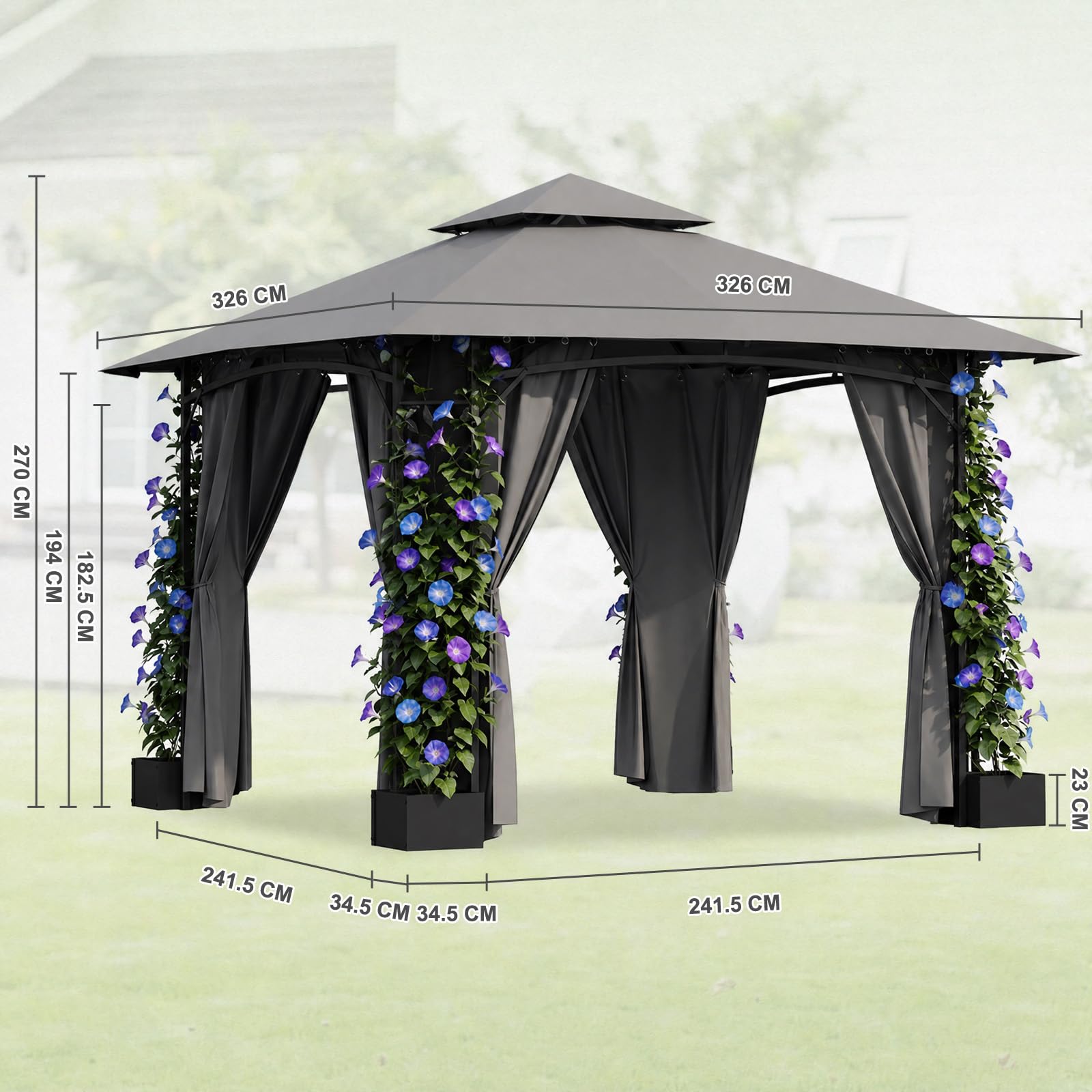 JUMMICO Garden Gazebo 3.3 x 3.3 m Iron with Flower Box, 4 Sidewalls, Stable, Wind and Weather Resistant – Metal Structure, Garden Furniture