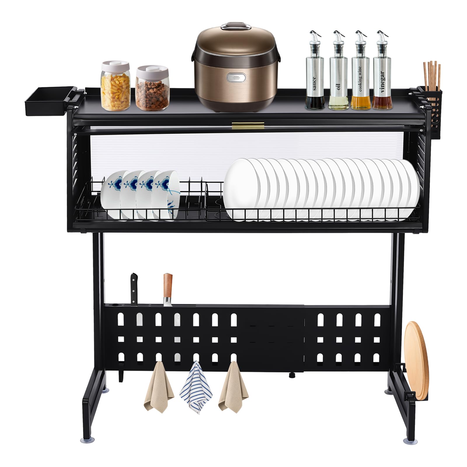 Scolapiatti Da Lavello 84.5 * 28 * 31cm Barra Portautensili Cucina Griglia Scolapiatti Lavello Cucina Con Mobile Per Piatti Coltelli E Forchette Bacchette Taglieri (Nero)