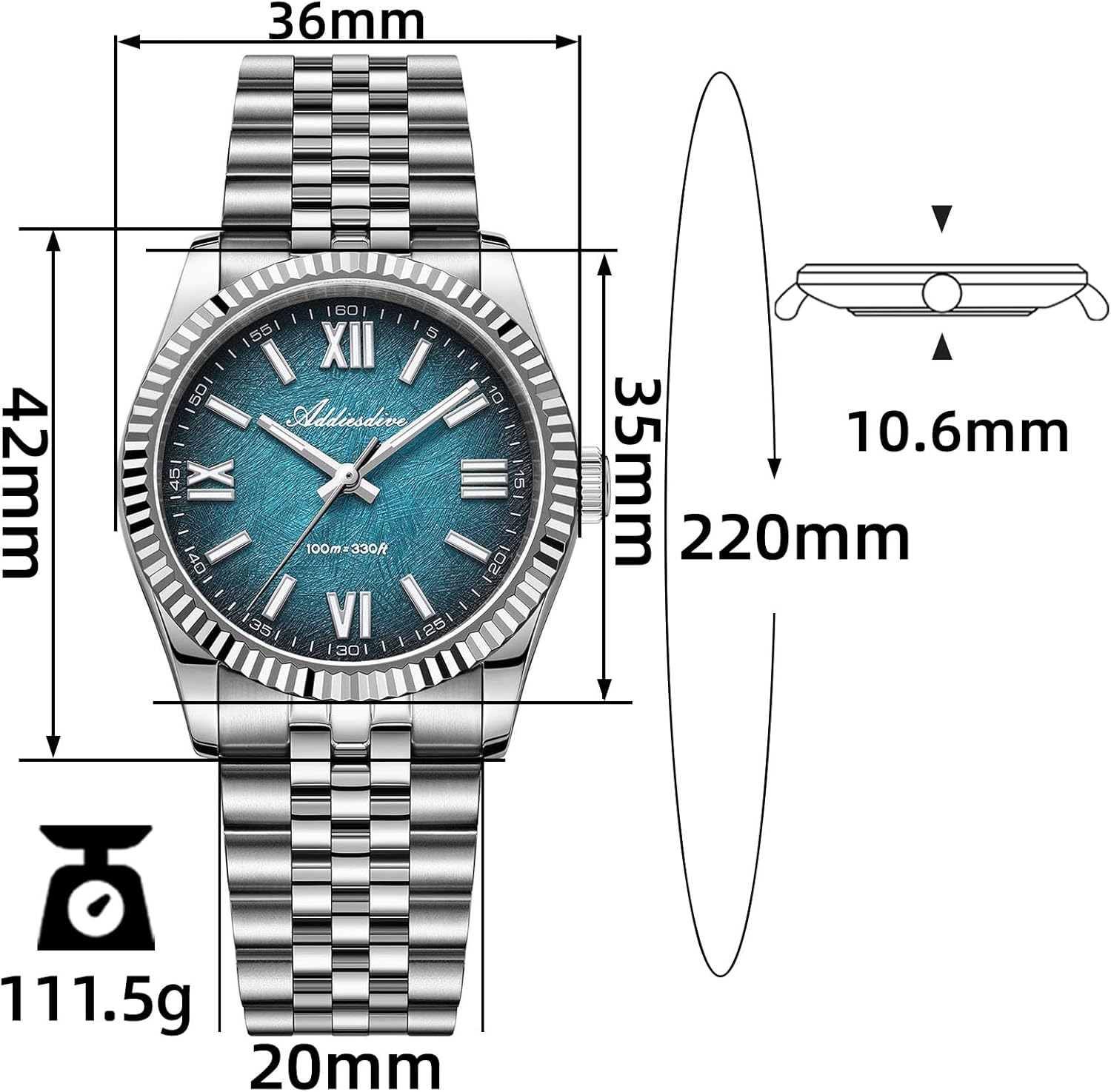 ADDIESDIVE 10.6 MM Luxury Watches for Men Women Roman Numerals Synthetic Sapphire VH Sweep Second Fluted Bezel Casual Wear Unisex Watch