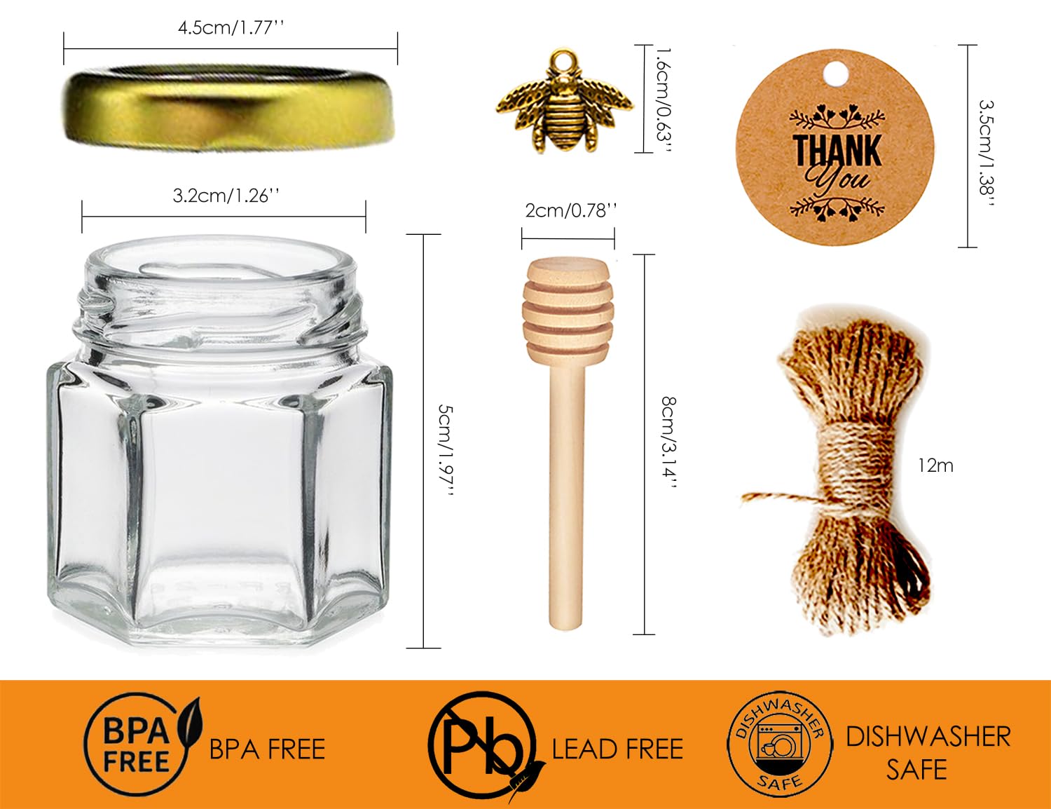 Paquete de 40 Tarros de Miel de Vidrio Con Gotero - Para Baby Shower, Boda y Fiesta - Tapas Doradas, Colgantes de Abeja, Yutes y Tarjetas