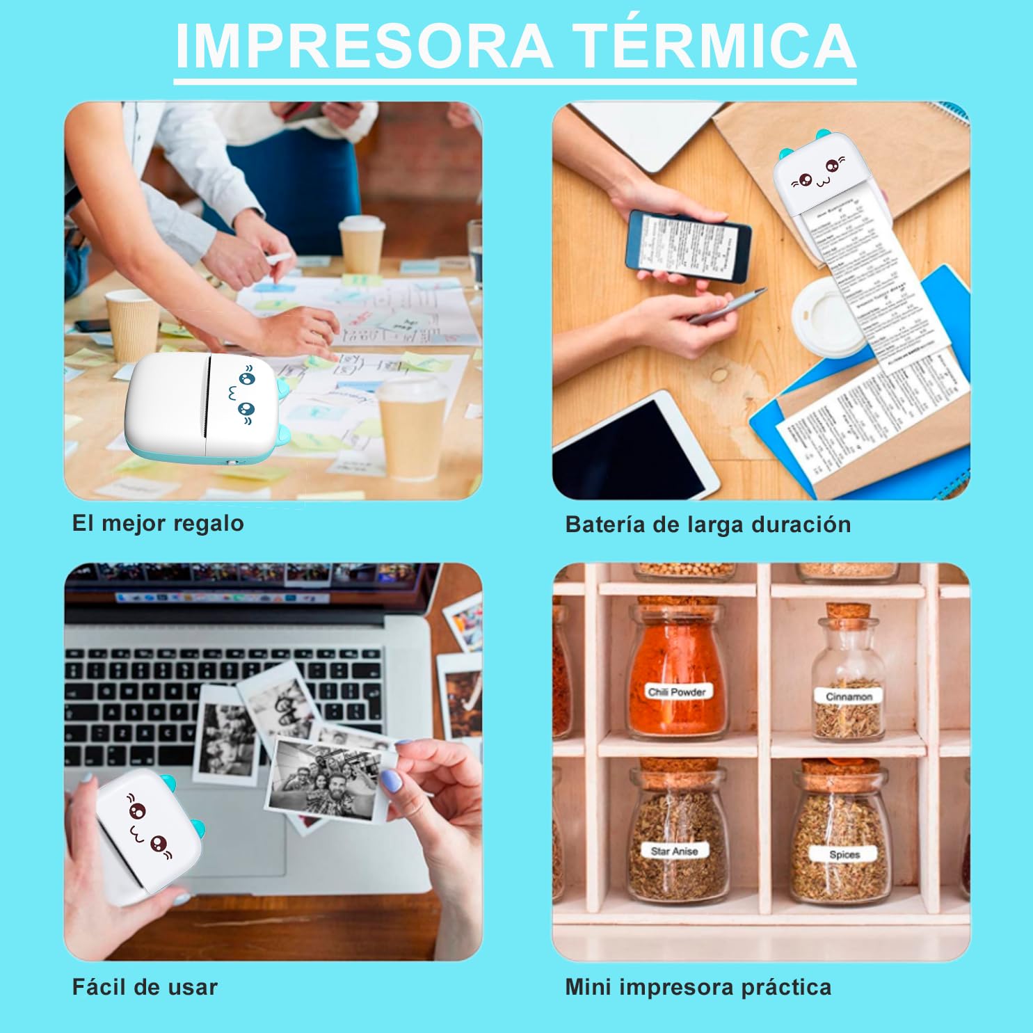 Mini Impresora Termica para Movil Compatible con iOS, Android Impresora Portatil Recargable Impresora Bluetooth, 16 Rollos de Papel (Azul)
