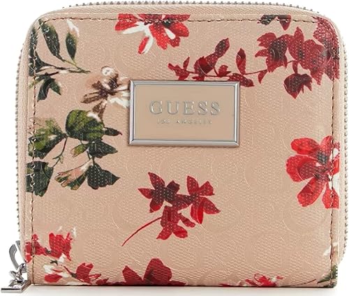 GUESS Cartera pequeña con cremallera Abree, Rosa Floral, Cartera con cremallera alrededor