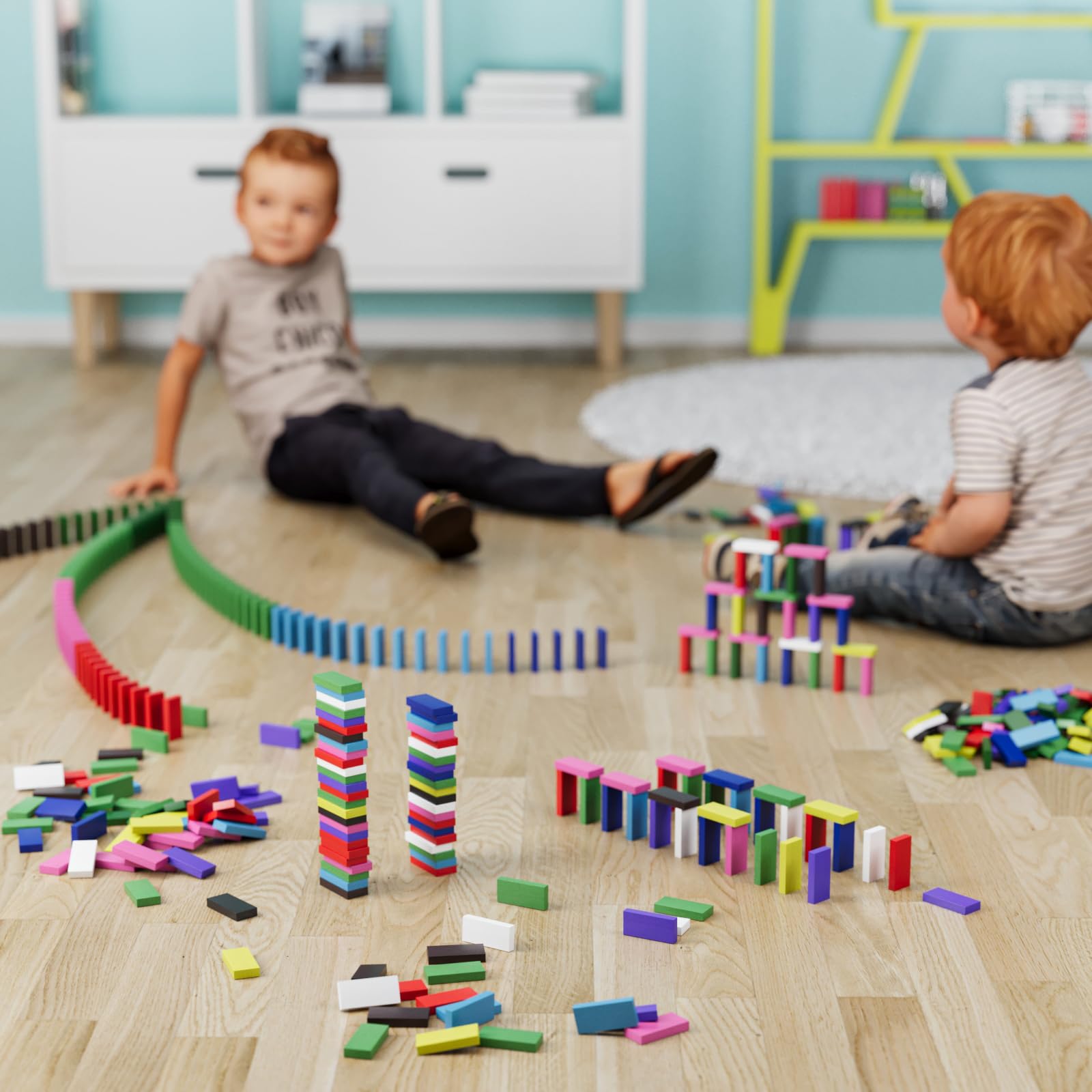 WELLGRO Domino - Mattoncini da costruzione in legno di pino ecologico, con sacchetto, blocchi di legno, colore atossico, numero di pezzi: 1200 pezzi