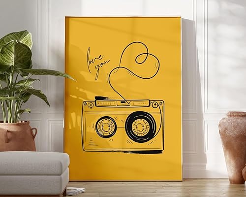 Retro Cassette Tape Love Music Wall Art Poster, Yellow Background with Black Sketch Design, Modern Home Decor, Unframed Poster (8x12)