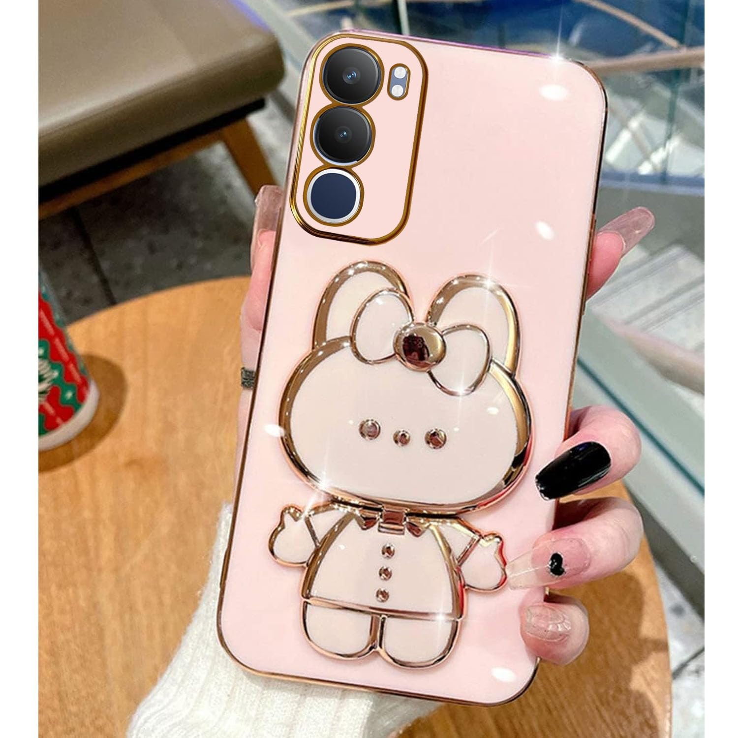 KC Back Cover for Vivo Y29 5G - Hidden Bunny Mirror Folding Bracket Kickstand Electroplated Soft Silicone Camera Protection Case - Pink