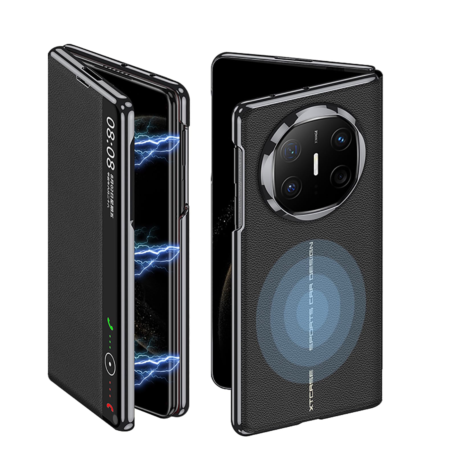 COQUE Skórzane etui z klapką do Huawei Mate X6, ukryty pierścień magnetyczny galwanizacja osłona okna, składane etui na telefon do Huawei Mate X6 - czarne