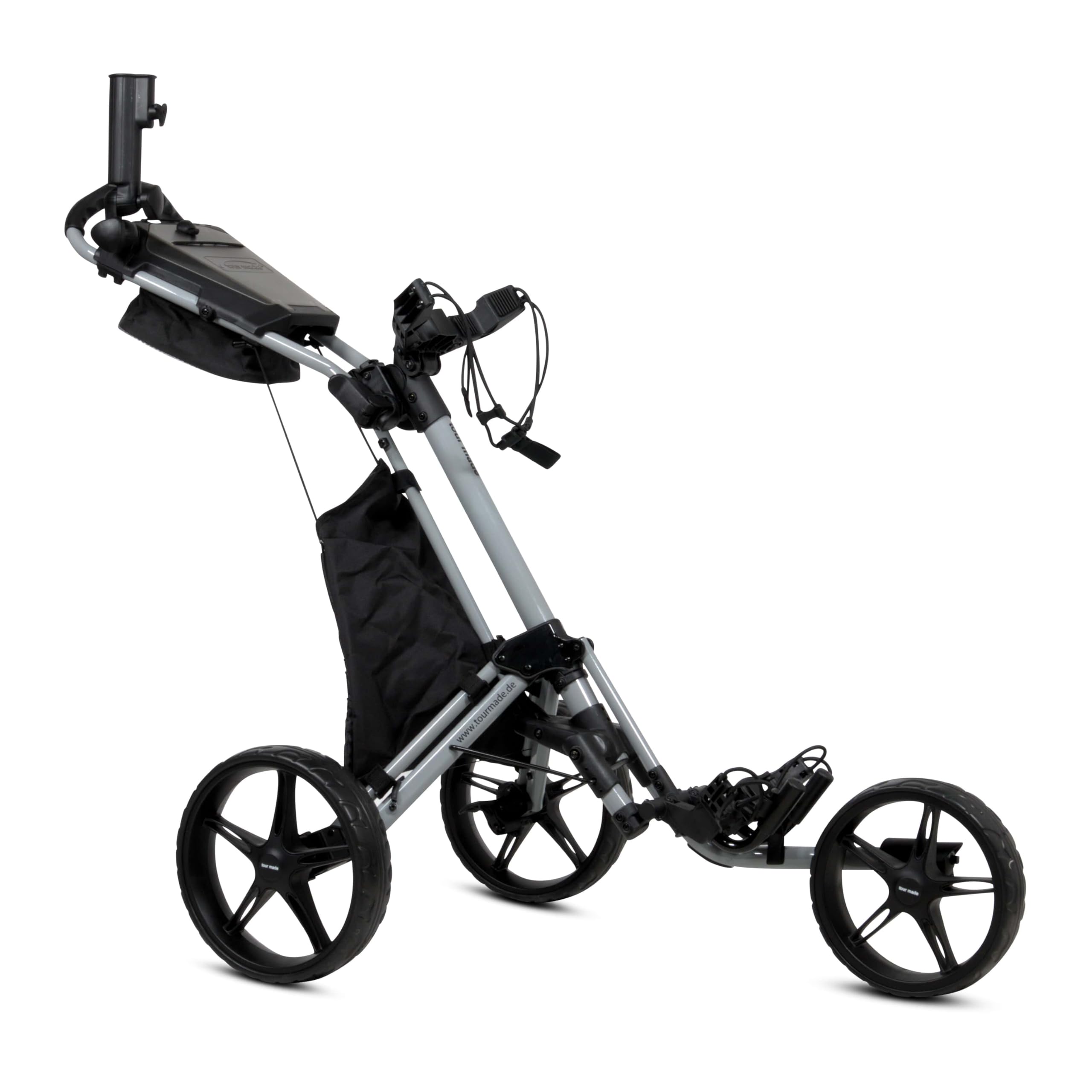 tour-made RT-140 & RT-150 & RT-160 I Push Golf Trolley Foldable 3 Wheels I Load up to 25 kg - Strong Aluminium Frame I German Quality I Many Accessories Included (140-GREY-BLACK)