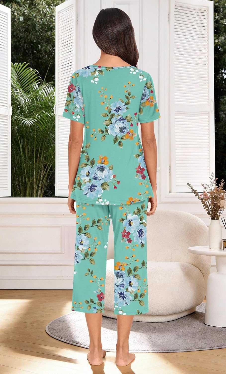 Anyally Women's Summer Capri Pajama Set Short Sleeve Shirt and Pajama Pants 2 Piece Ladies Pjs Sets - Image 4