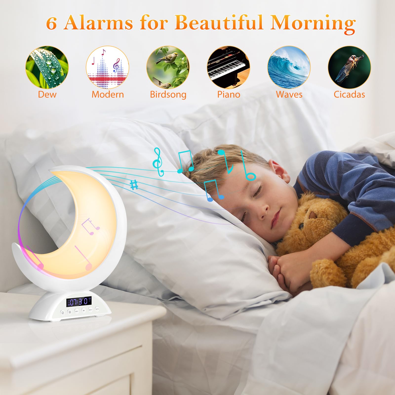 Sveglia luminosa, sveglia con luce, 19 modalità di luce, controllo touch con funzioni dimmerabili, altoparlante Bluetooth, ideale per camera da letto di adulti e bambini