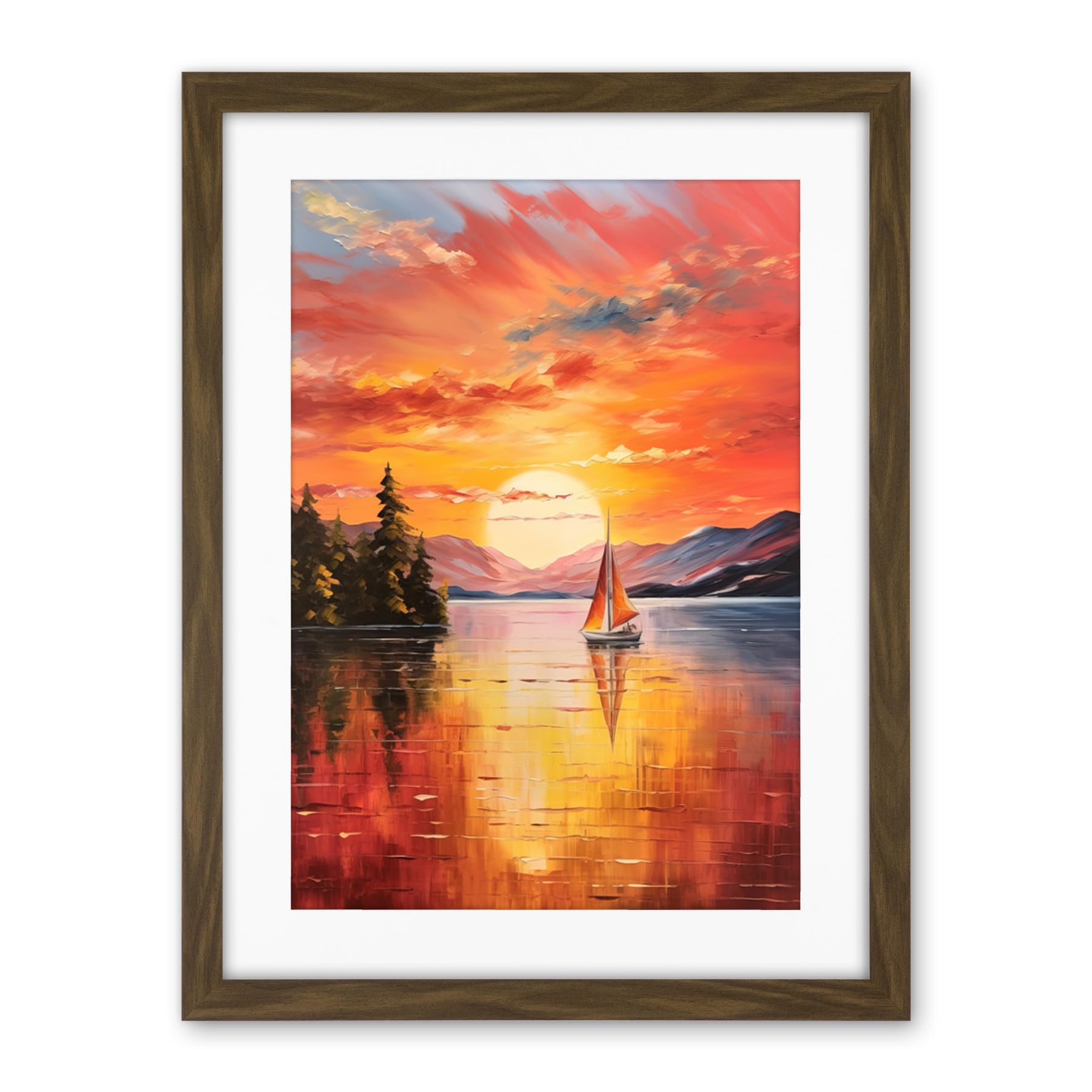 Artery8 Serene Lake Sunset Sailing Vibrant Oil Painting Sail Boat Lakeside Mountain Landscape Artwork Framed Wall Art Print 18X24 Inch