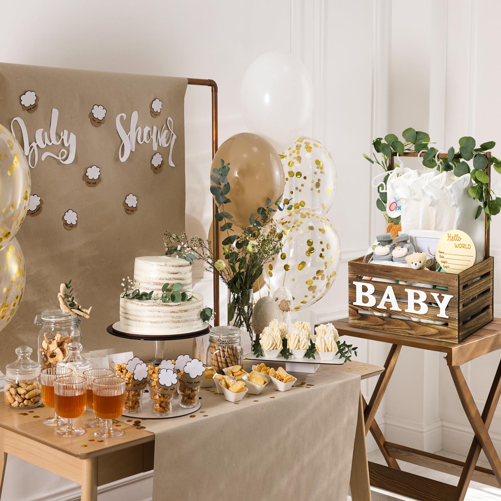 Barydat Cesta de madera para baby shower con asa, letrero de anuncio de bebé, para guirnalda, letras grandes, caja de regalo de madera, letras para embarazo, fiesta de nuevos padres (marrón)