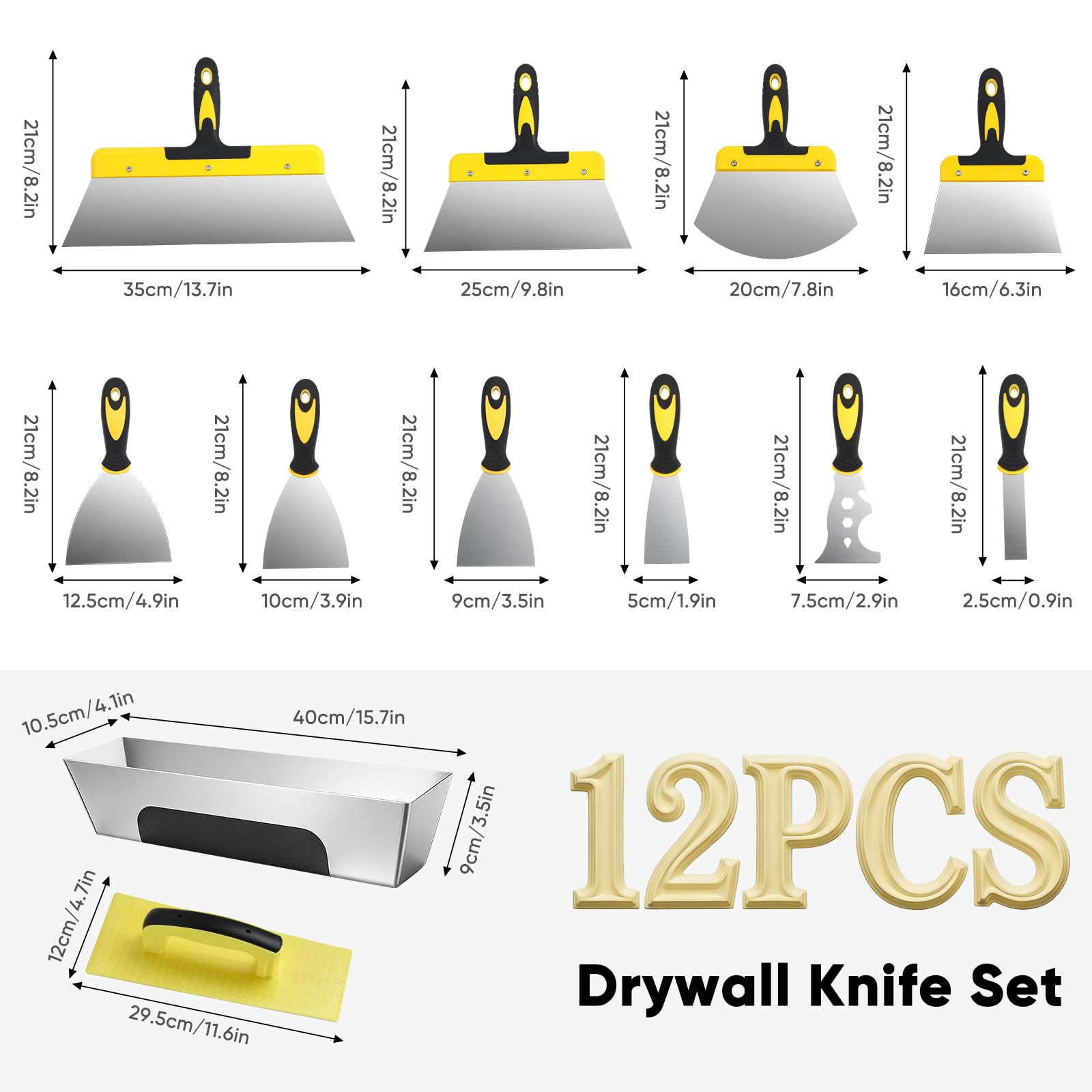 Juego de espátulas de superficie de 12 piezas, herramienta de acero inoxidable 350-25 mm con mango de plástico para paneles de yeso, enlucido, papel pintado con caja de espátula de acero inoxidable — view 2