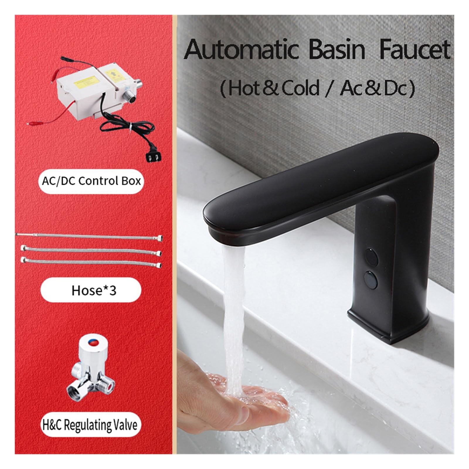 Robinet de lavabo automatique intelligent noir nègre robinets corps mélangeur en laiton complet eau froide et chaude AC 220 tension et alimentation par batterie cc