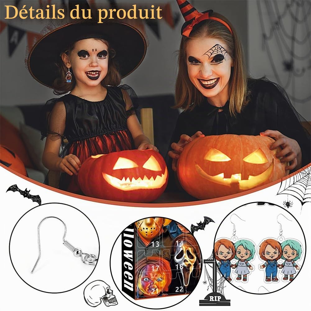 Calendrier de l'Avent Halloween 2025 avec 12 Boucles d’Oreilles Effrayantes Compte à Rebours Horreur pour Femme et Ado Idée Cadeau Halloween et Décoration de Fête