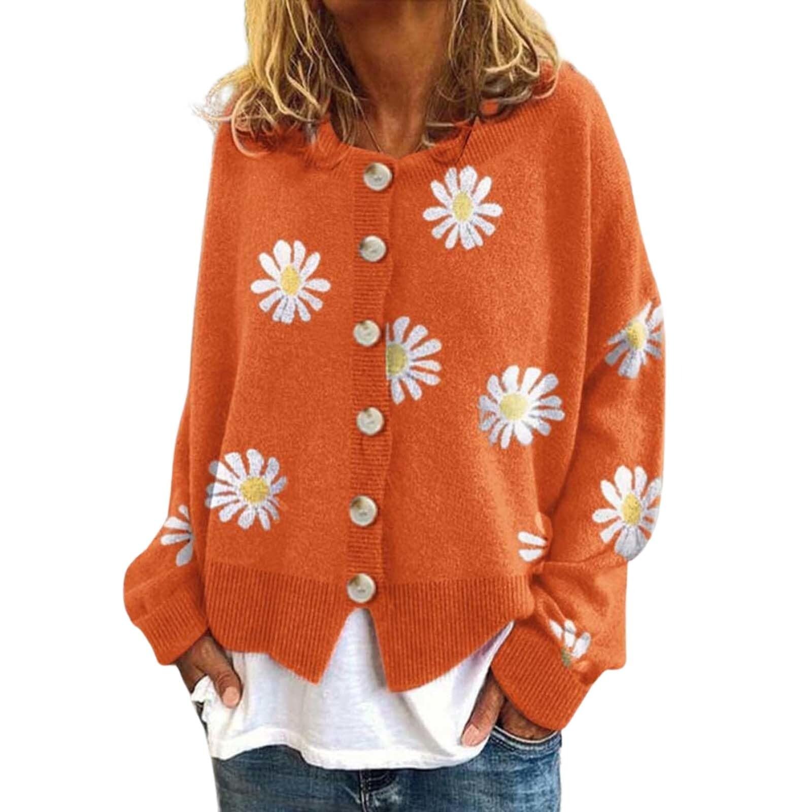 Floral Print Cardigan Sweaters for Women Casual Open Front Button Down Long Sleeve V Neck Knitted Sweaters