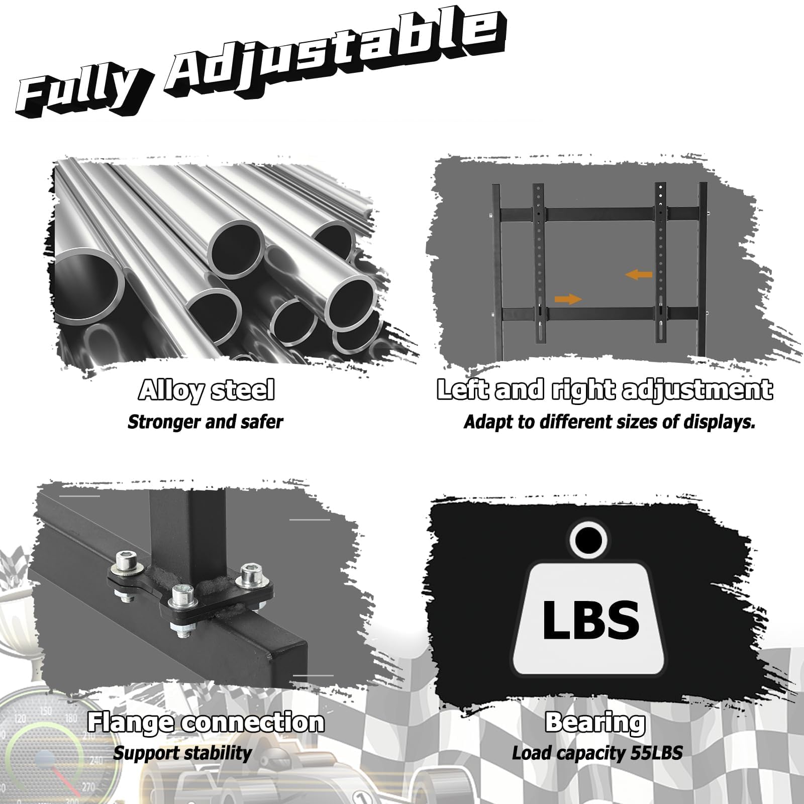 Dardoo Racing Pro Monitor Mount Vertical, Supports 24 to 60 Inch Monitor, Adjustable Display Stand, Fits for Round Tube Racing Simulator Cockpit, Electronics Not Included