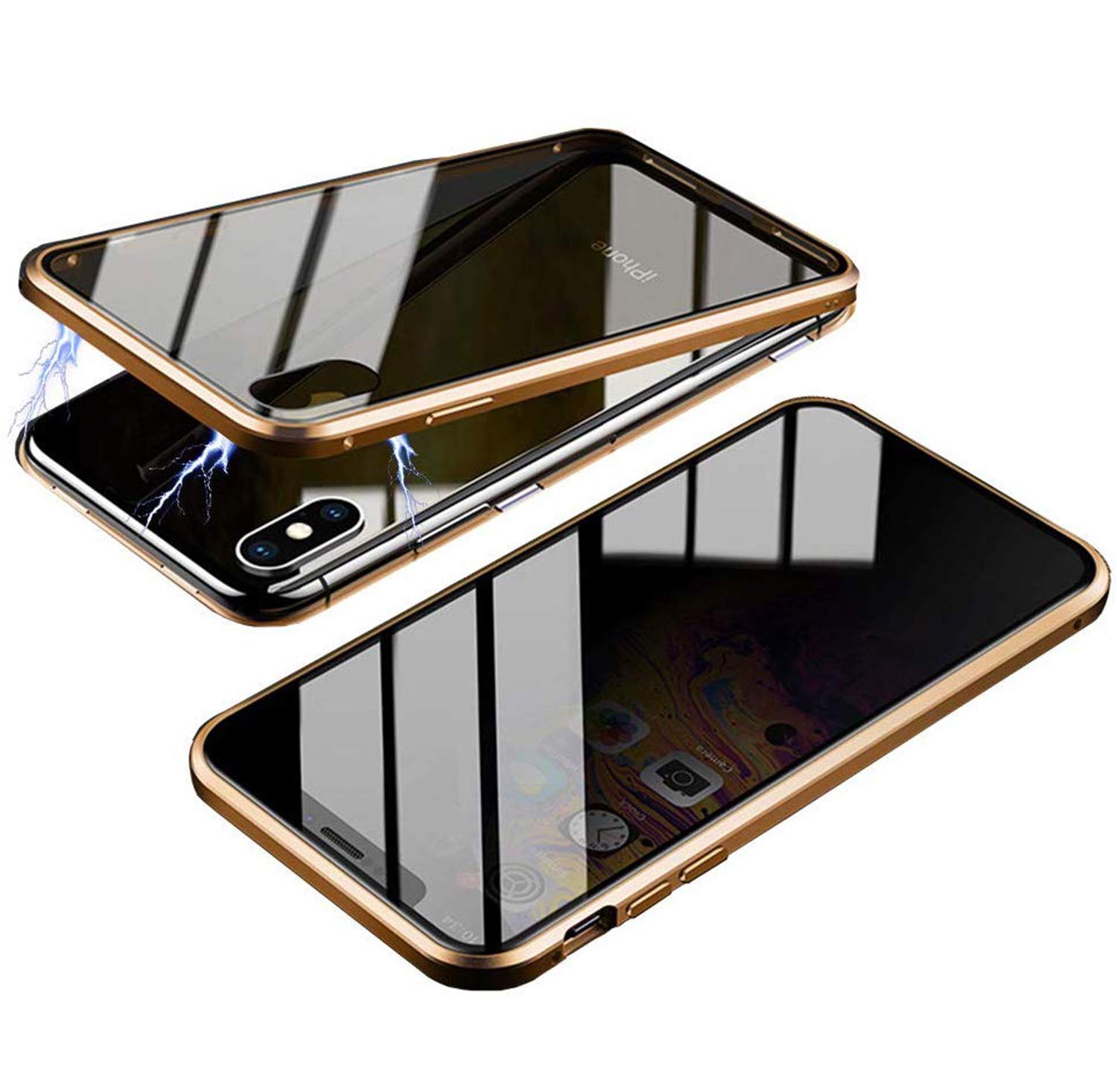 RANYOK Compatible iPhone X/iPhone Xs Privacy Magnetic Adsorption Case, Double-Sided Tempered Glass with Built-in Screen Protector 360° Full Body Metal Frame Cover (Gold)