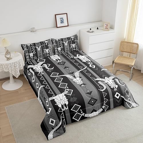Miniatura 3 de Juego de ropa de cama estilo bohemio occidental, tamaño Queen, diseño de calavera de toro, vaquero, negro, blanco, gris, azteca del suroeste, para